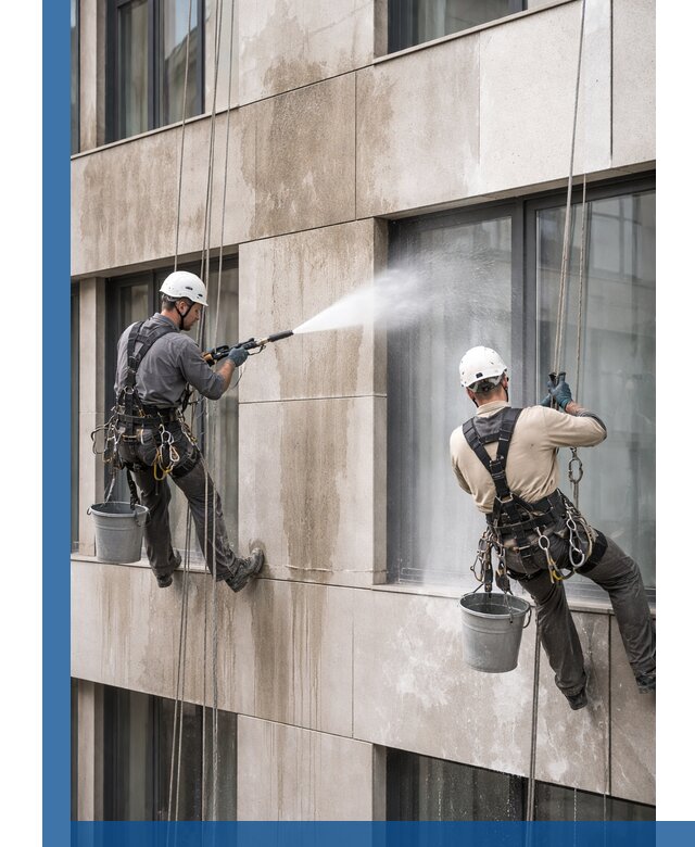 Послестроительная мойка фасада промышленным альпинизмом в Приморско-Ахтарске