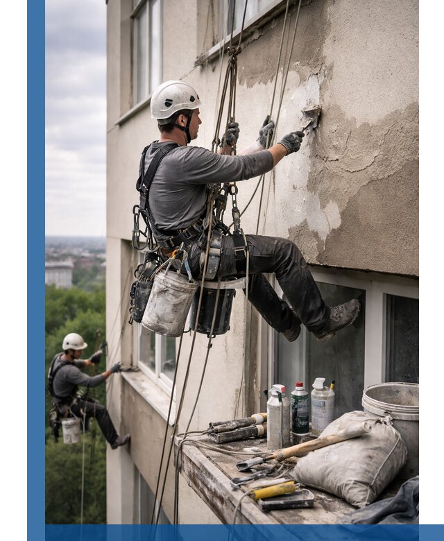 Косметический ремонт фасада зданий в Приморско-Ахтарске промышленными альпинистами
