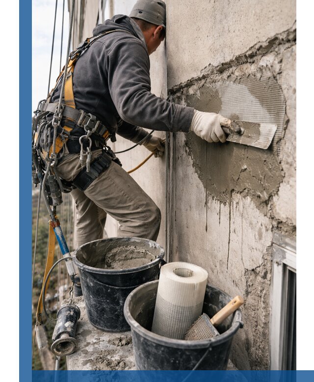 Ремонт бетонных элементов фасада промышленными альпинистами в Приморско-Ахтарске