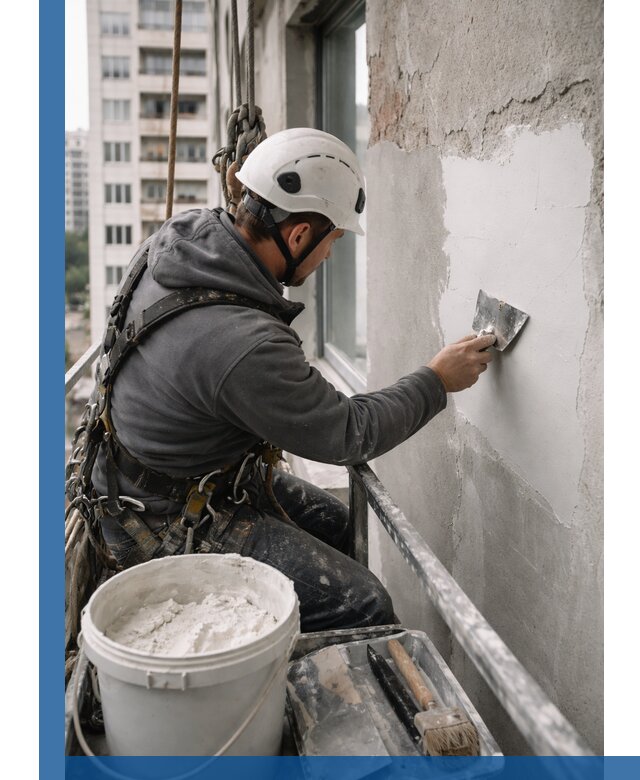 Шпаклевка фасадов на высоте с промальпинистами в Приморско-Ахтарске