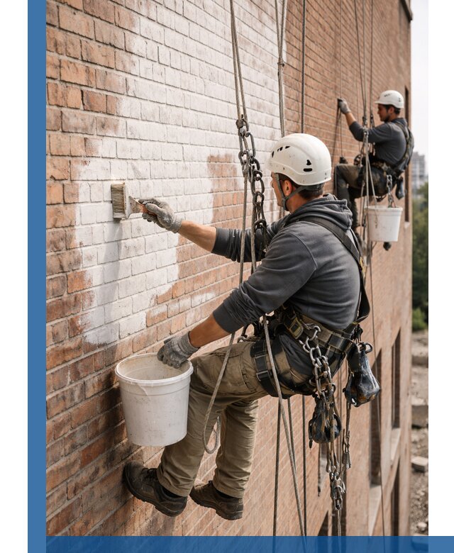 Покраска кирпичного фасада с доступным альпинистским сервисом в Приморско-Ахтарске