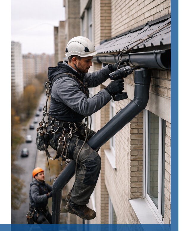 Монтаж водосточной системы на здании в Приморско-Ахтарске от 5069 р. | ВЫСОТНИК-Прр