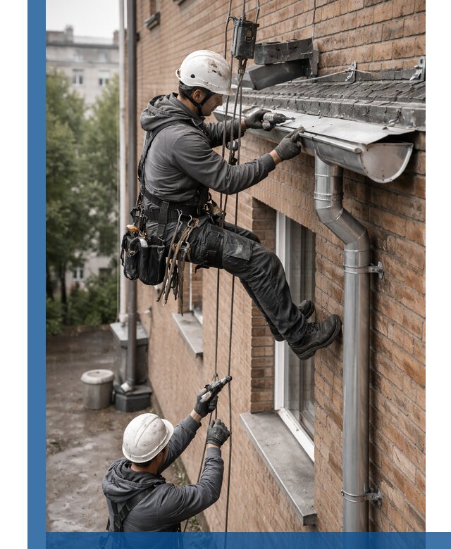 Монтаж водосточной системы на здании в Приморско-Ахтарске под ключ