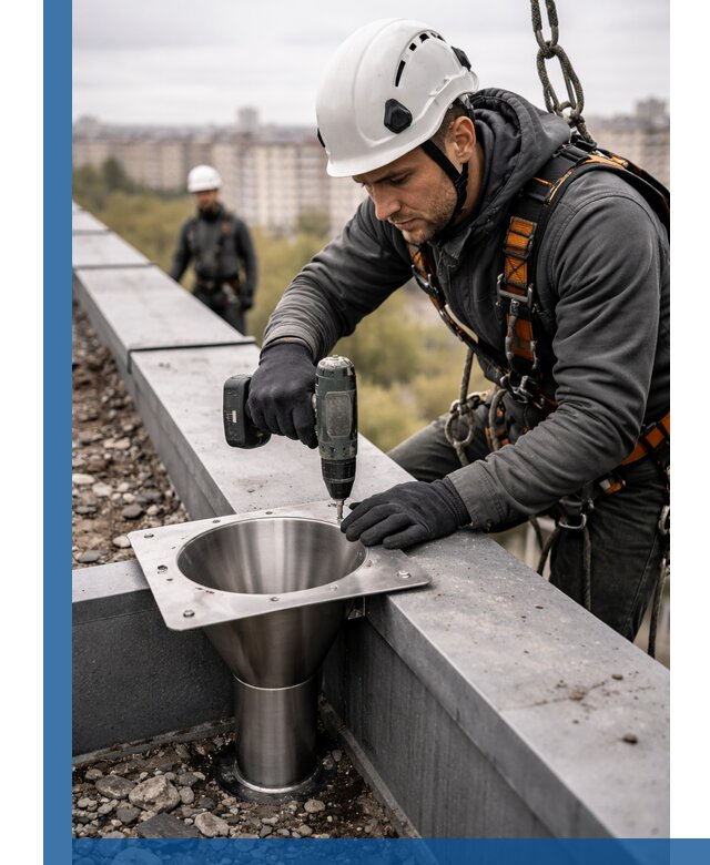 Монтаж водосточных воронок в Приморско-Ахтарске для промышленных зданий