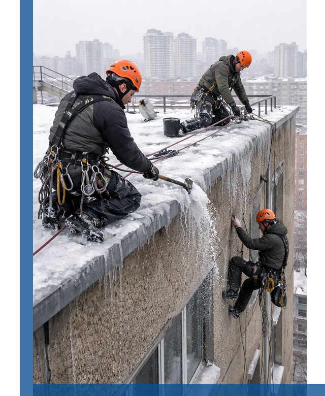 Удаление наледи с кровли в Приморско-Ахтарске промышленными альпинистами