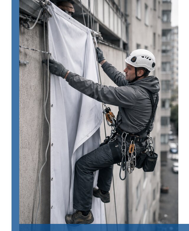 Замена баннерного полотна промышленными альпинистами в Приморско-Ахтарске