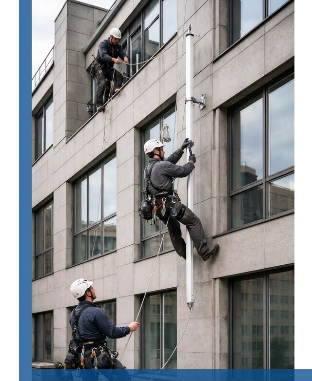 Монтаж флагштока на фасаде здания с креплением и герметикой в Приморско-Ахтарске
