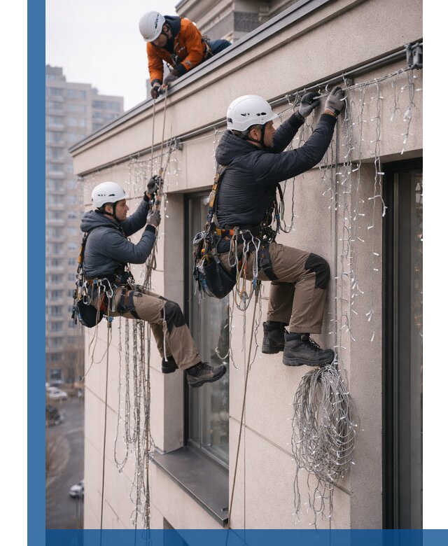 Монтаж праздничных гирлянд на фасаде в Приморско-Ахтарске для зданий