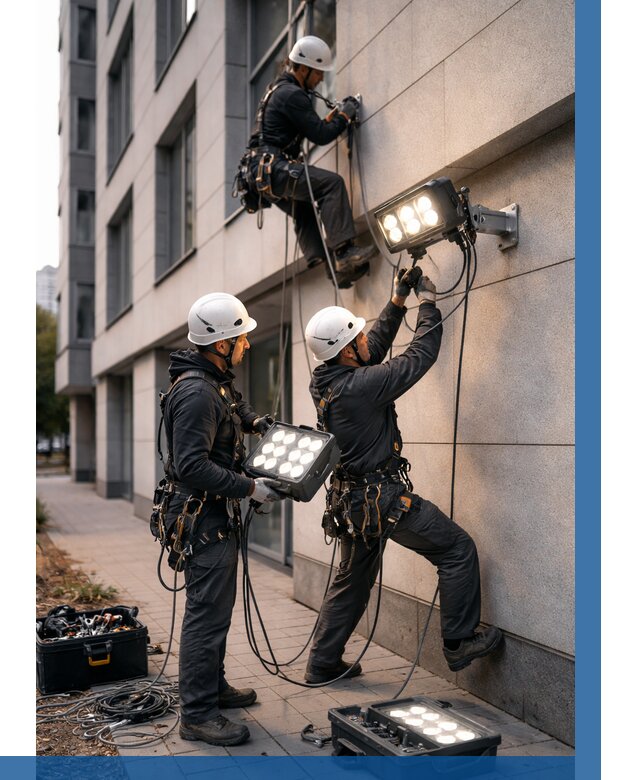 Монтаж прожекторов на фасаде в Приморско-Ахтарске от 7604 р. | ВЫСОТНИК-Прр