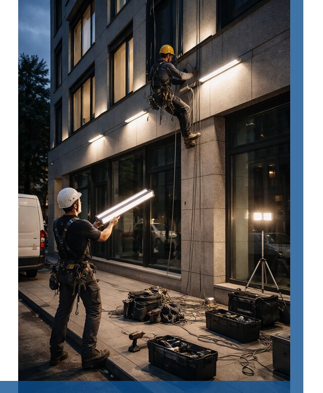 Монтаж архитектурной подсветки здания в Приморско-Ахтарске от 2535 р.|ВЫСОТНИК-Прр