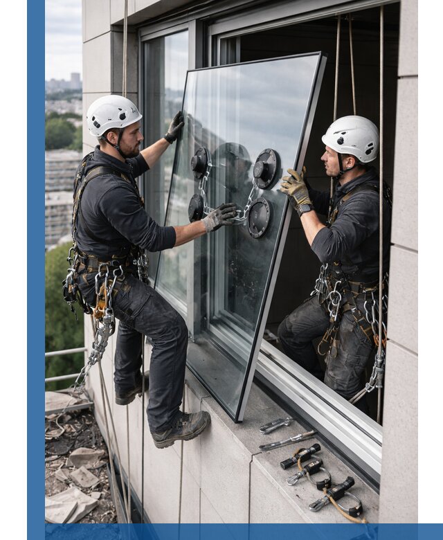 Замена стеклопакетов на высоте с промышленными альпинистами в Приморско-Ахтарске