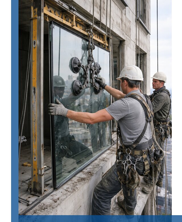 Монтаж стеклопакетов на высоте в Приморско-Ахтарске с промышленным альпинизмом