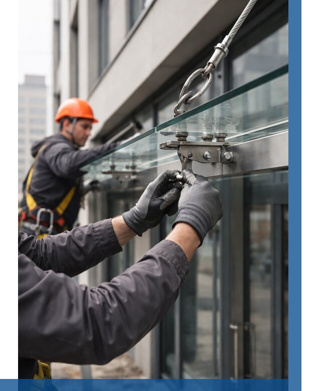 Монтаж стеклянных козырьков в Приморско-Ахтарске от 8617 р. | ВЫСОТНИК-Прр