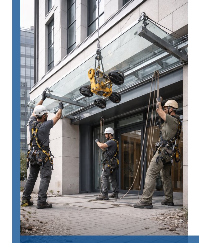 Монтаж стеклянных козырьков под ключ в Приморско-Ахтарске для зданий