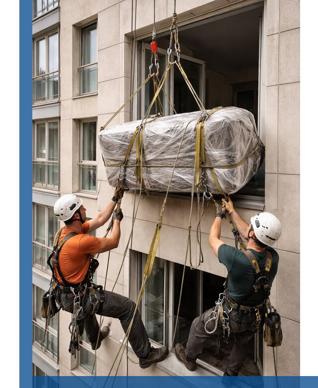 Подъем грузов через окно в Приморско-Ахтарске промышленными альпинистами