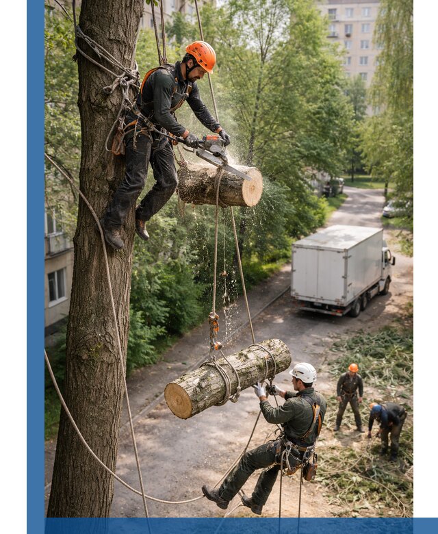 Спил деревьев альпинистами в Приморско-Ахтарске, безопасно и без повреждений
