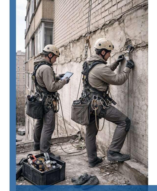 Обследование фасада промышленными альпинистами в Приморско-Ахтарске